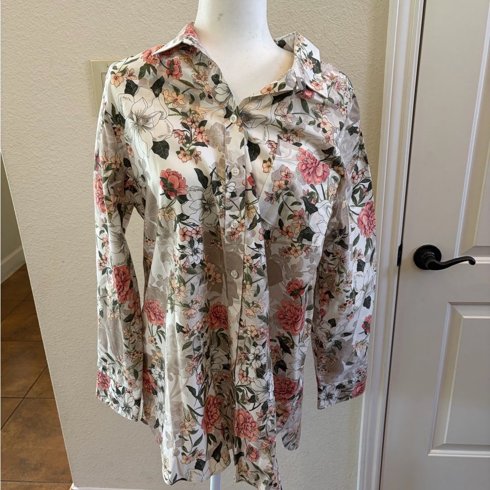 Chico's Floral Button-Down Shirt in White with Pink & Green